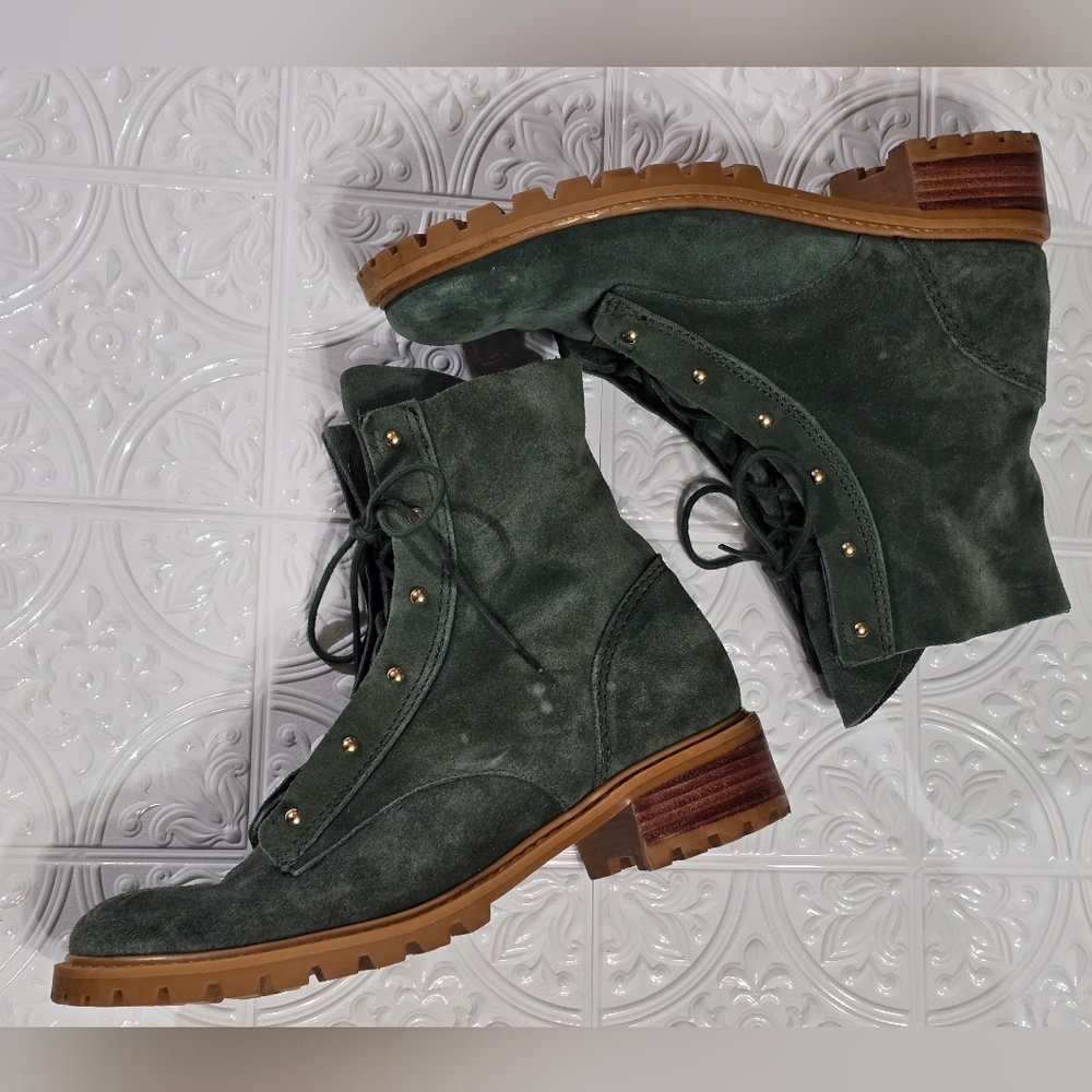 Schutz Green Suede Women's Combat Moto Boots - Picture 8 of 13